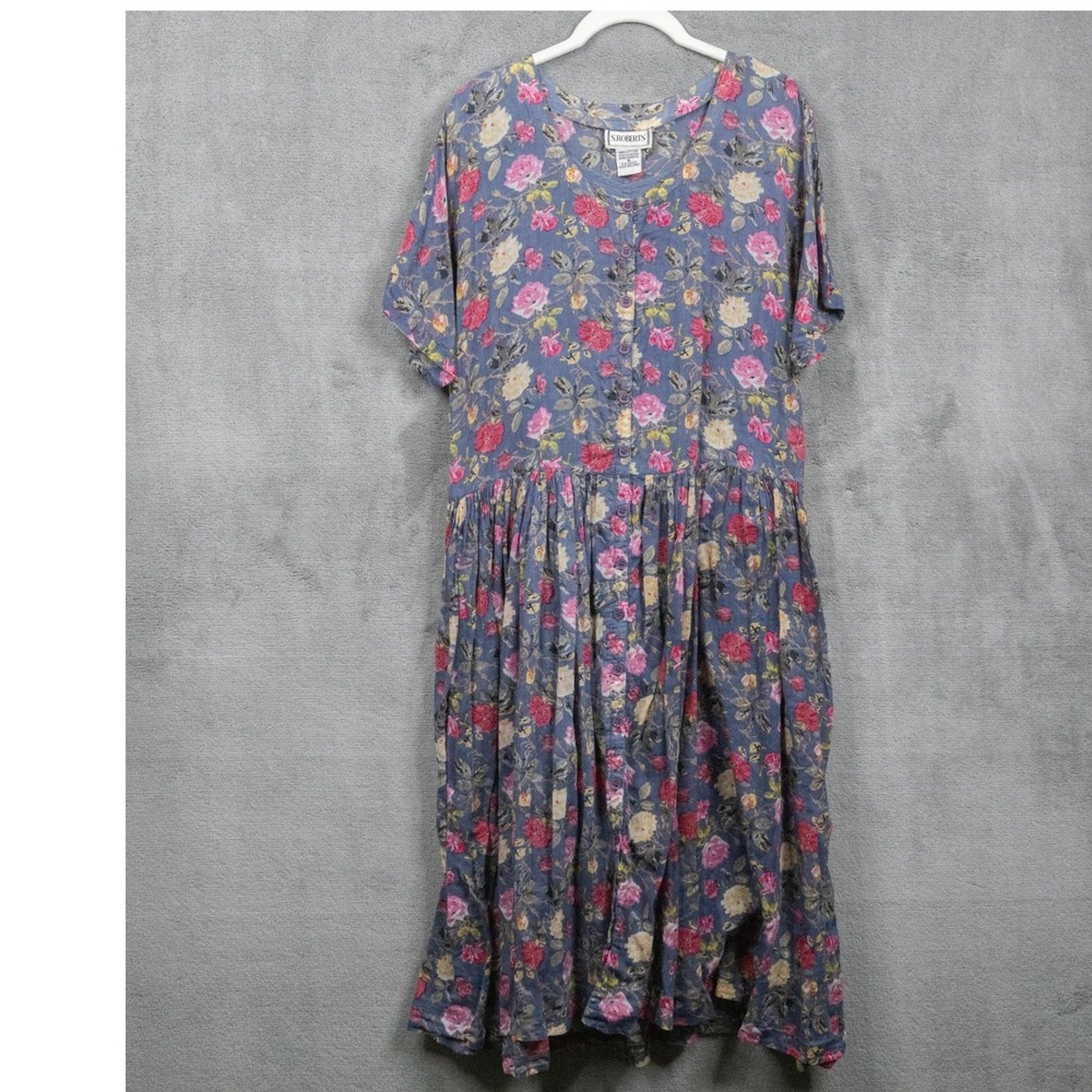 VTG 90s Floral Gauzy Cotton Button Front Midi Cottagecore Dress Blue Pink Sz M